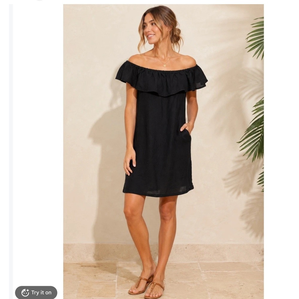 NEW Tommy Bahama Womens Off The Shoulder Linen Mini Dress S Black Vacay Resort